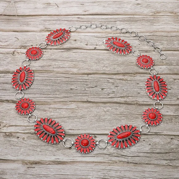 Silver & Red Boho Vintage Western Stone Concho Statement Belt